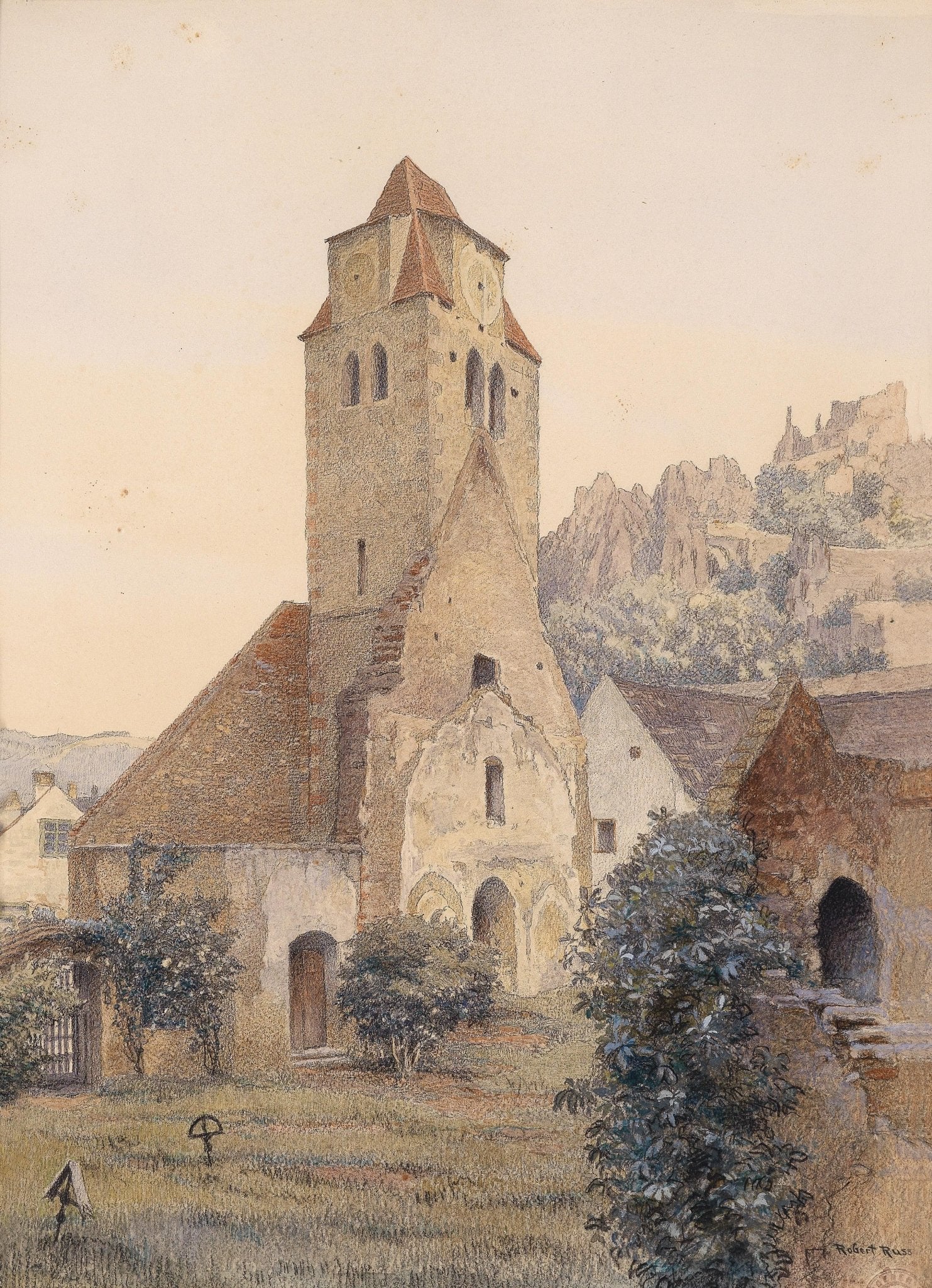 Hand-painted medieval church tower and village view landscape oil painting on canvas
