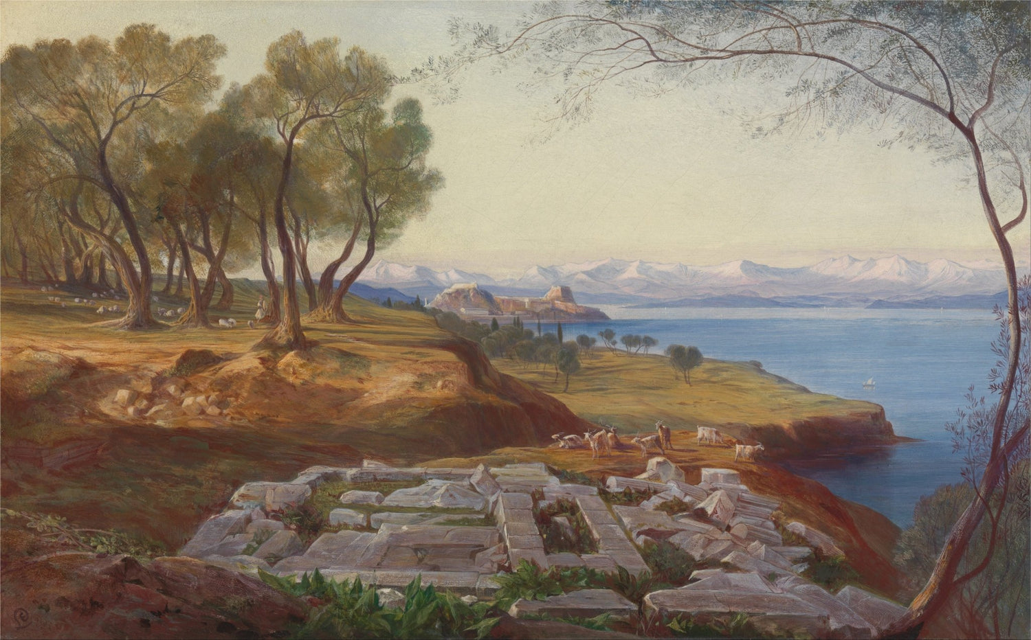 Landscape Oil Painting - Mediterranean Coastal, Ruins, Sheep & Fortress - Oil Painting Haven