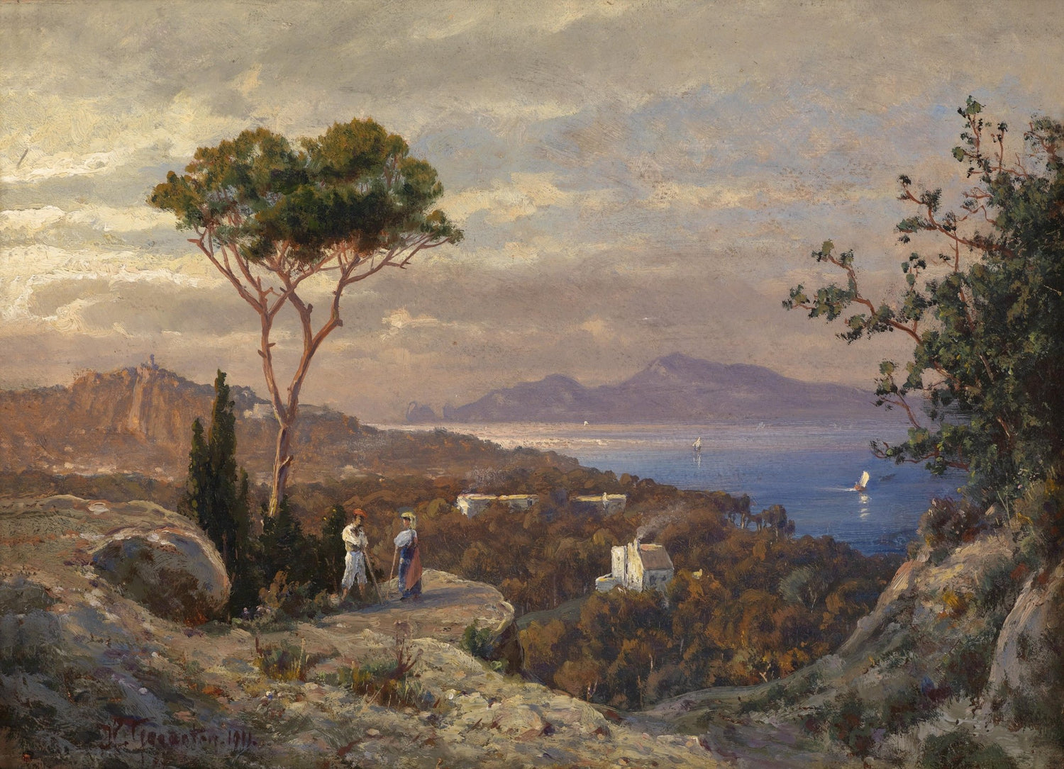 Landscape Oil Painting - Mediterranean Coastal View: Pine Tree, Figures & Sailboats - Oil Painting Haven