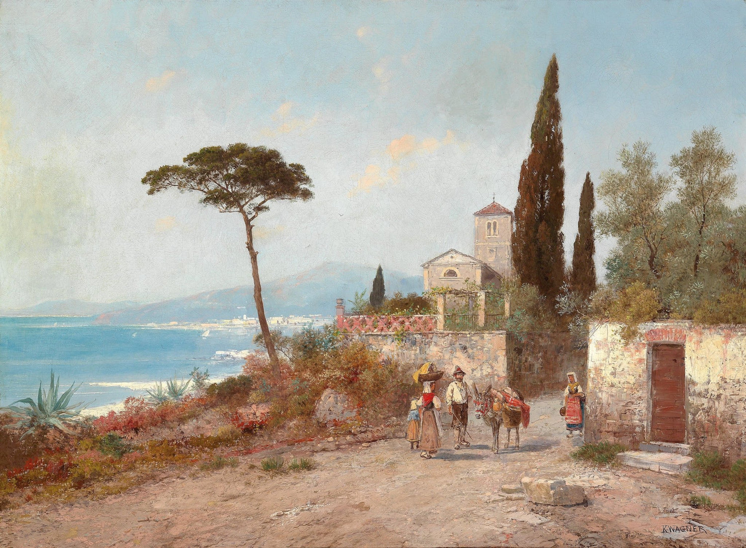 Landscape Oil Painting - Mediterranean Coastal Village, Cypresses - Oil Painting Haven