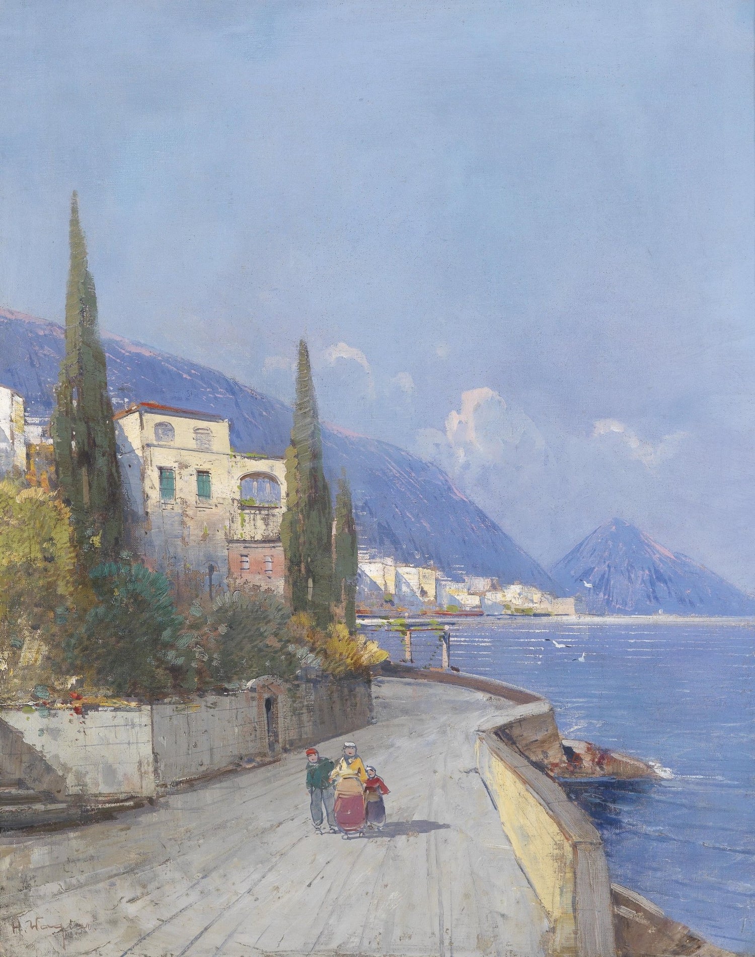 Hand-painted mediterranean lakeside promenade view landscape oil painting on canvas