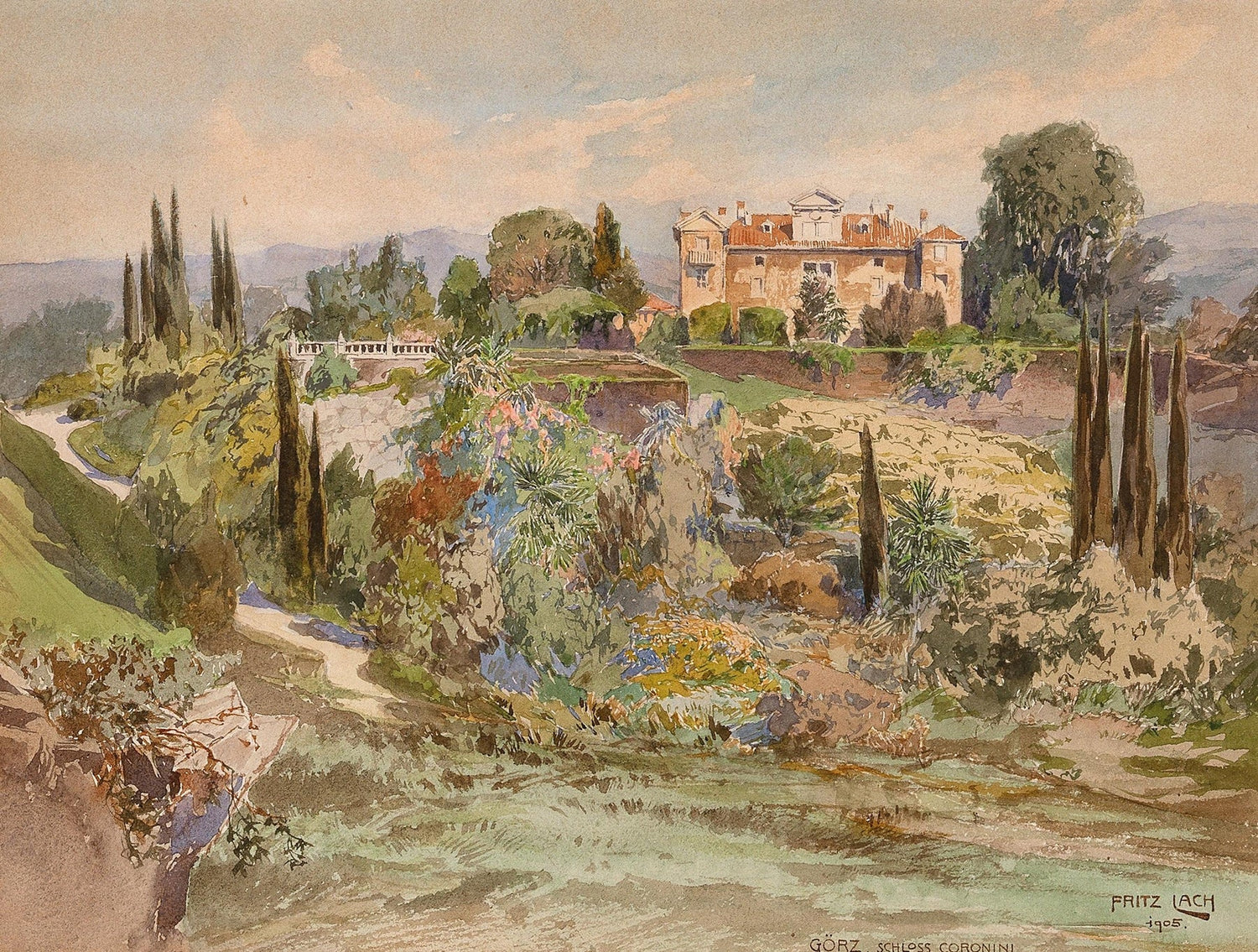Hand-painted mediterranean villa and cypress view landscape oil painting on canvas