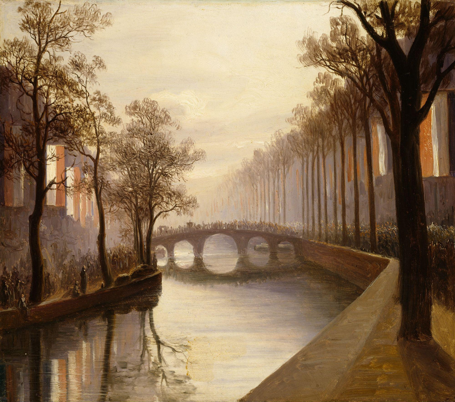 Hand-painted misty amsterdam canal with arched bridge landscape oil painting on canvas
