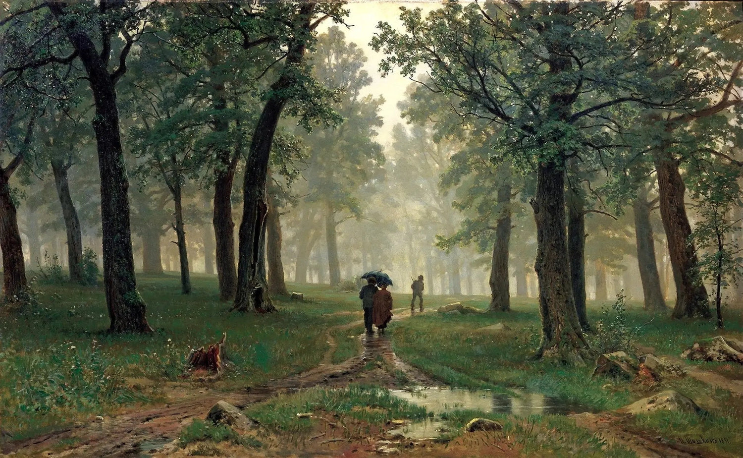 Landscape Oil Painting - Misty Forest Path with Figures Wall Art - Oil Painting Haven