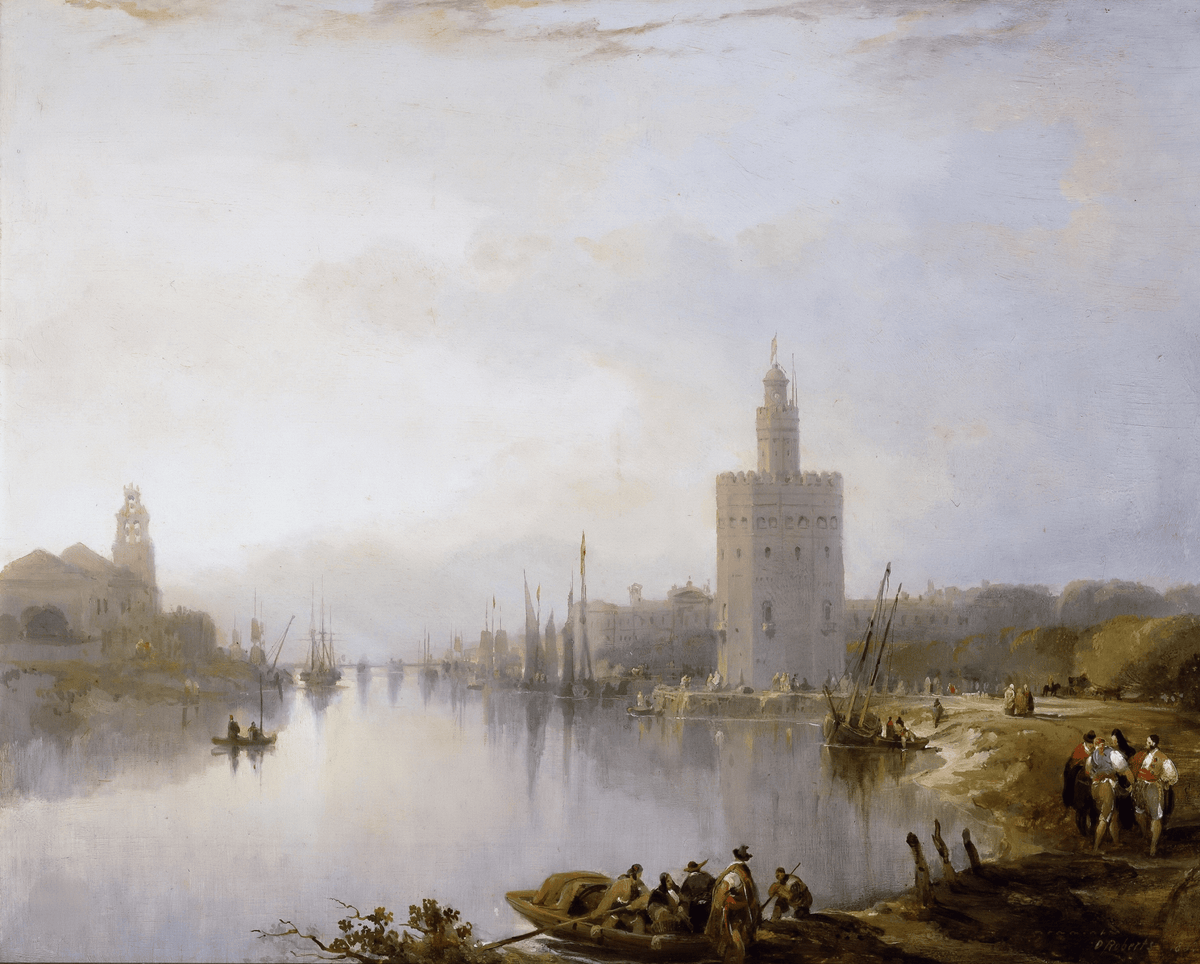 Hand-painted misty harbor view with tower reflections landscape oil painting on canvas