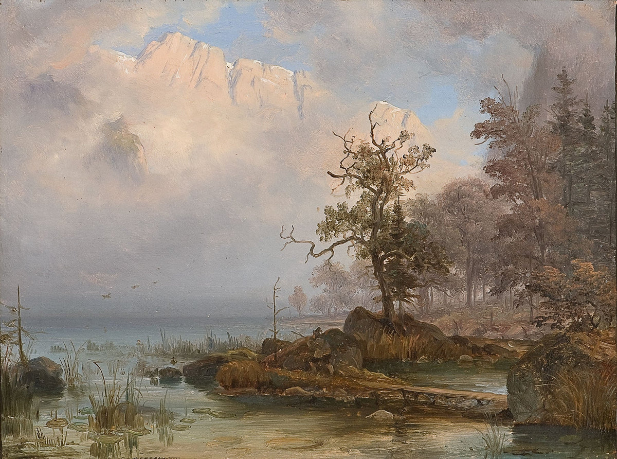 Hand-painted misty lake with lone tree and cliffs landscape oil painting on canvas