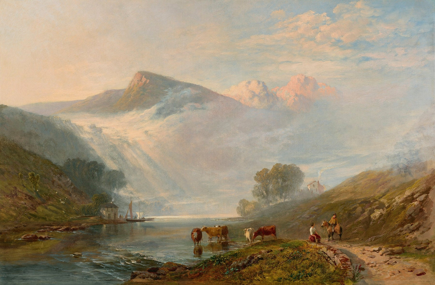 Hand-painted misty mountain lake, cattle and rider landscape oil painting on canvas