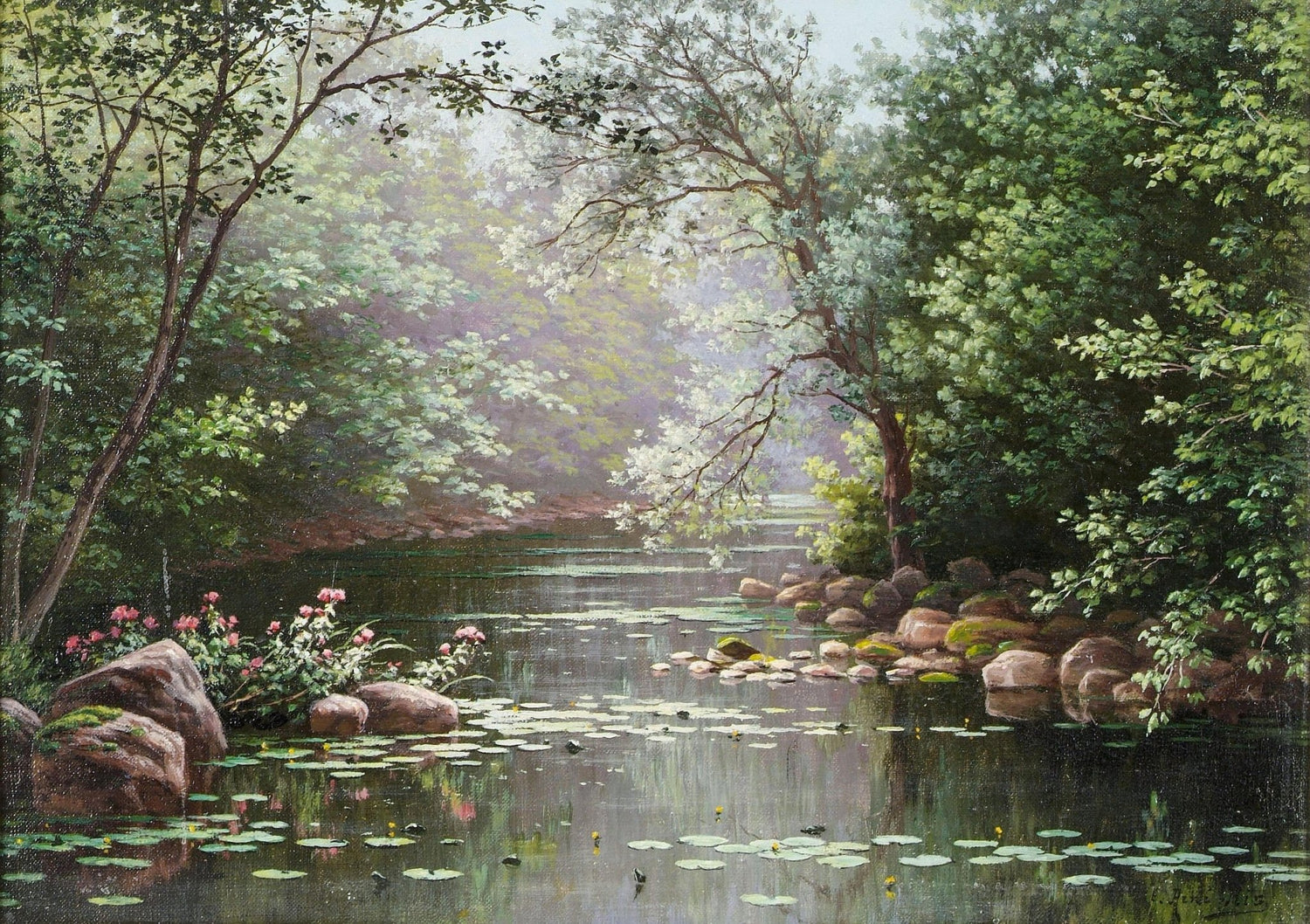 Landscape Oil Painting - Misty woodland pond & lily pads, mossy rocks - Oil Painting Haven