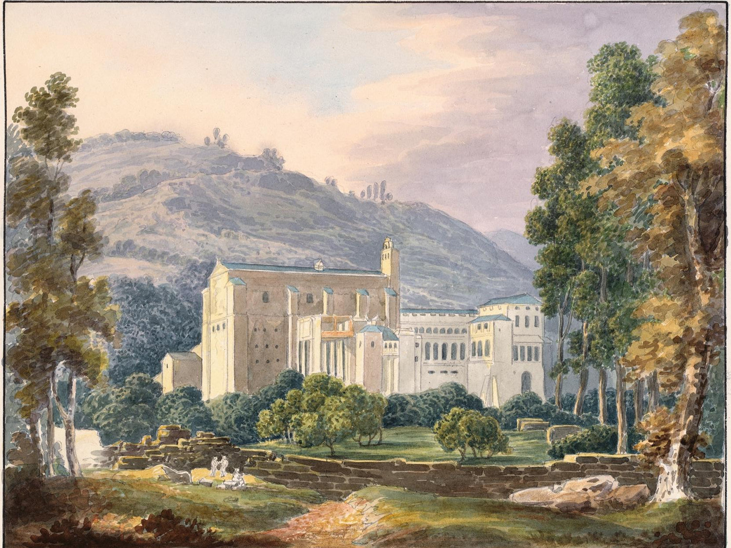 Hand-painted monastery estate in hillside view landscape oil painting on canvas