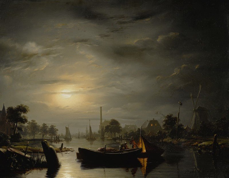 Hand-painted moonlit canal with boats and windmill landscape oil painting on canvas