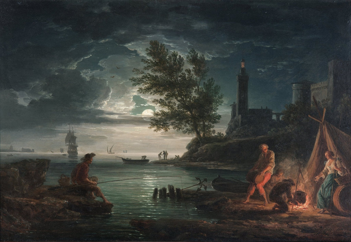 Hand-painted moonlit coast with fishermen and fire landscape oil painting on canvas