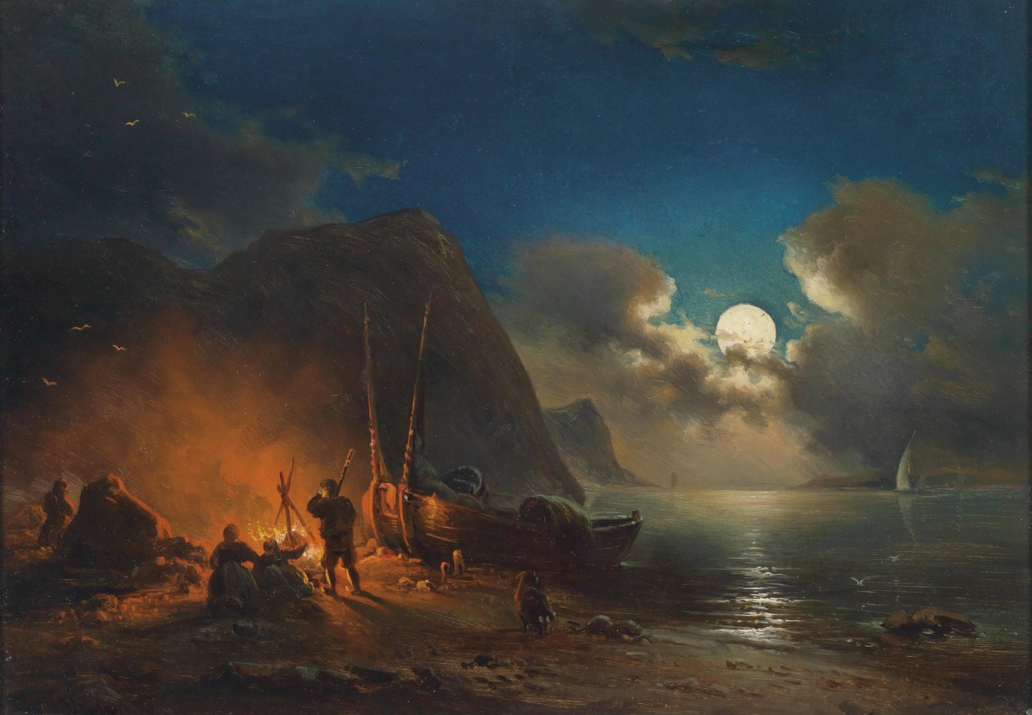 Landscape Oil Painting - Moonlit Coastal Shore: Bonfire, Fishing Boats - Oil Painting Haven