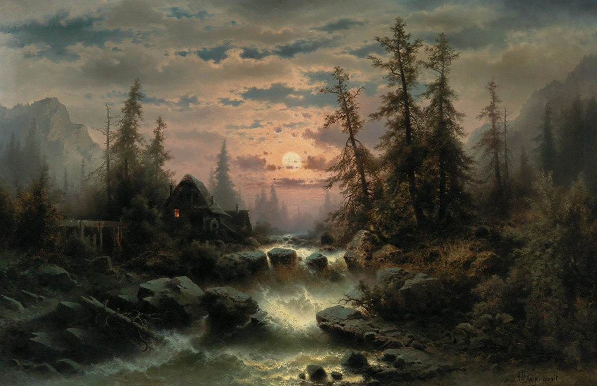 Hand-painted moonlit forest stream and cabin at dusk landscape oil painting on canvas