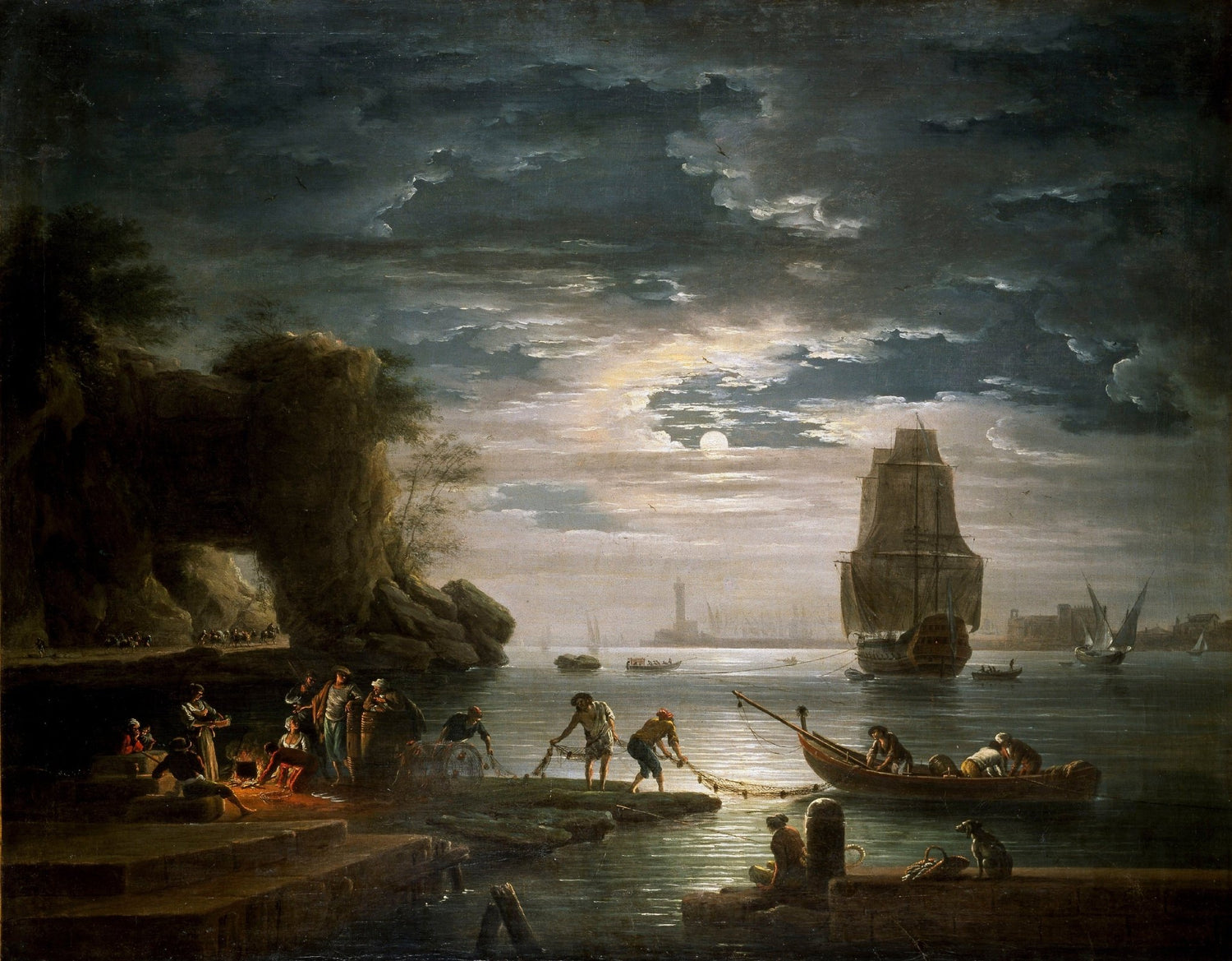 Hand-painted moonlit harbor, ships, and fishermen landscape oil painting on canvas