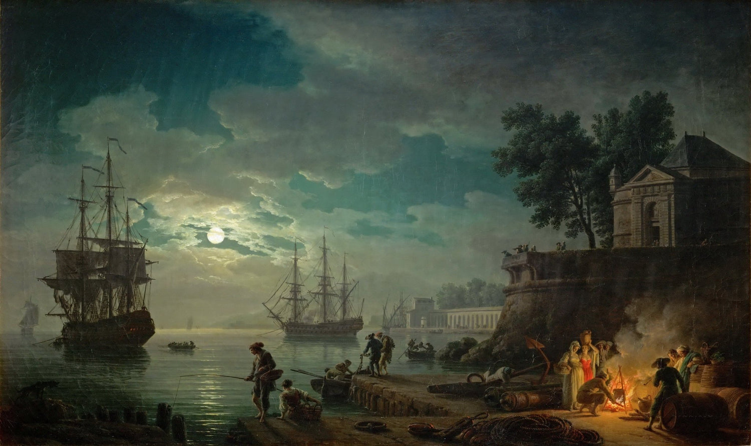 Hand-painted moonlit harbor with tall ships and pier landscape oil painting on canvas