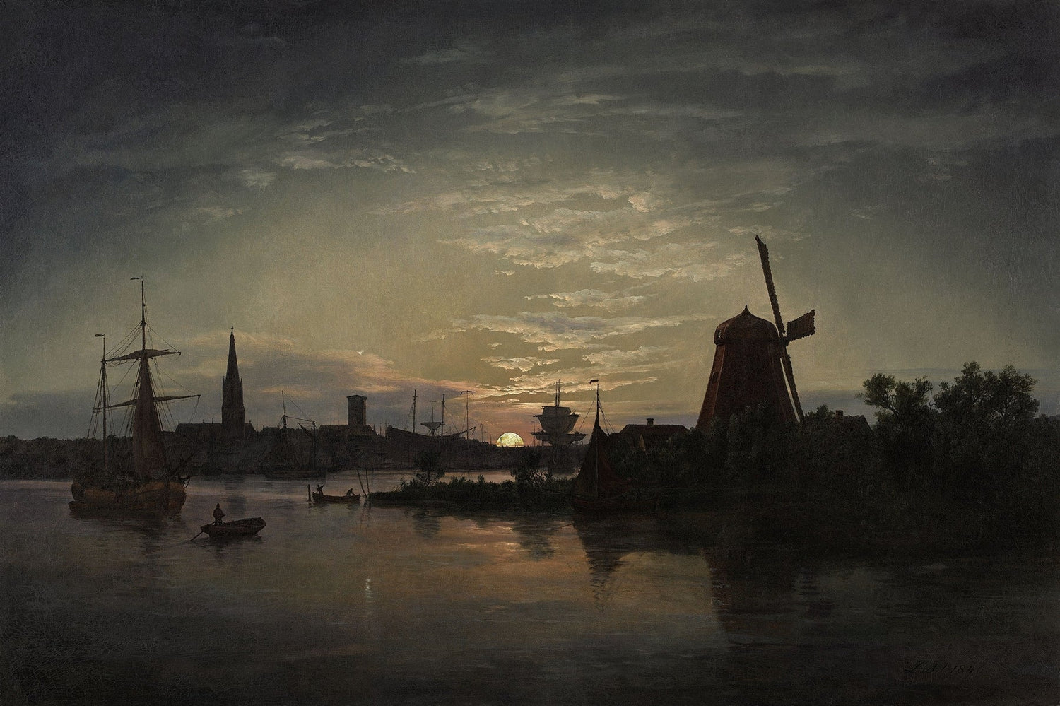 Hand-painted moonlit harbor with windmill landscape oil painting on canvas