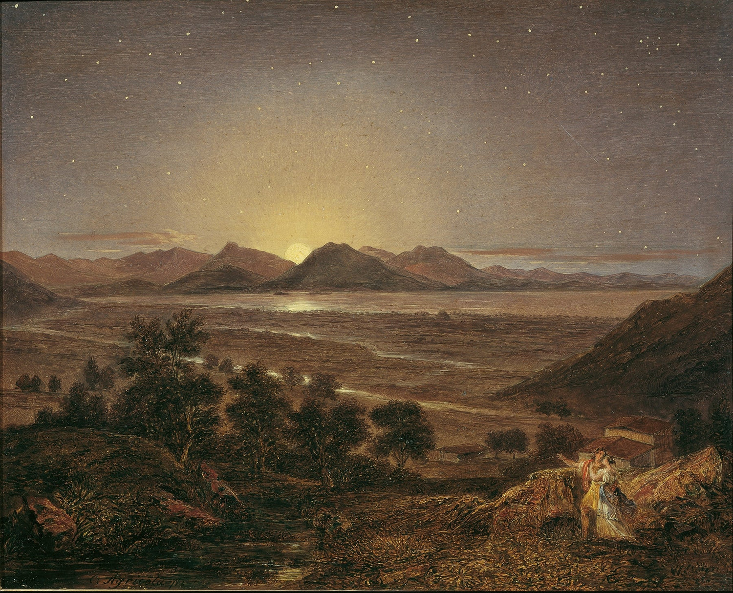 Hand-painted moonlit mountain landscape with starry sky oil painting on canvas
