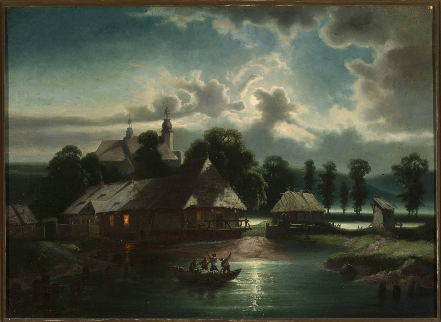 Hand-painted moonlit riverside village with church landscape oil painting on canvas
