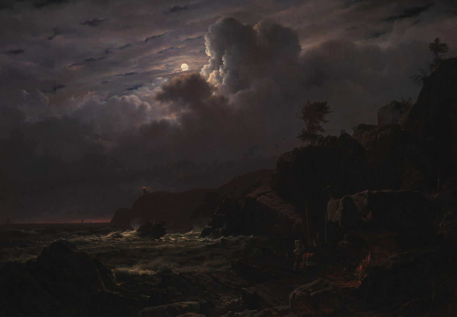 Hand-painted moonlit rocky coast with smugglers landscape oil painting on canvas