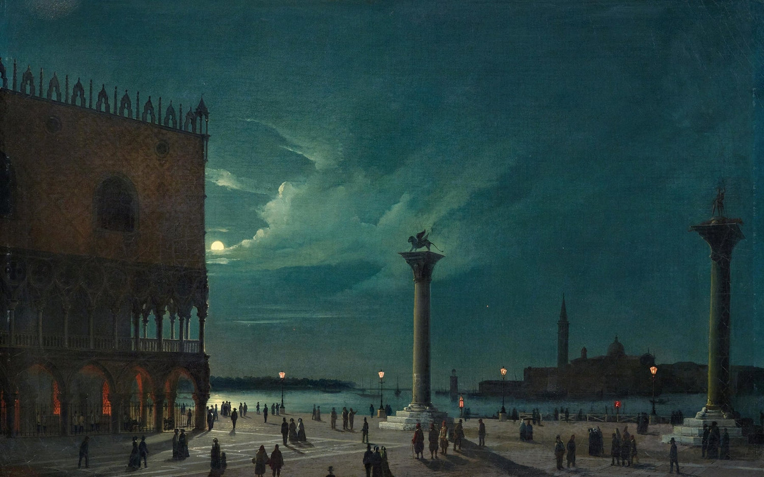 Hand-painted moonlit venice piazzetta and lagoon landscape oil painting on canvas
