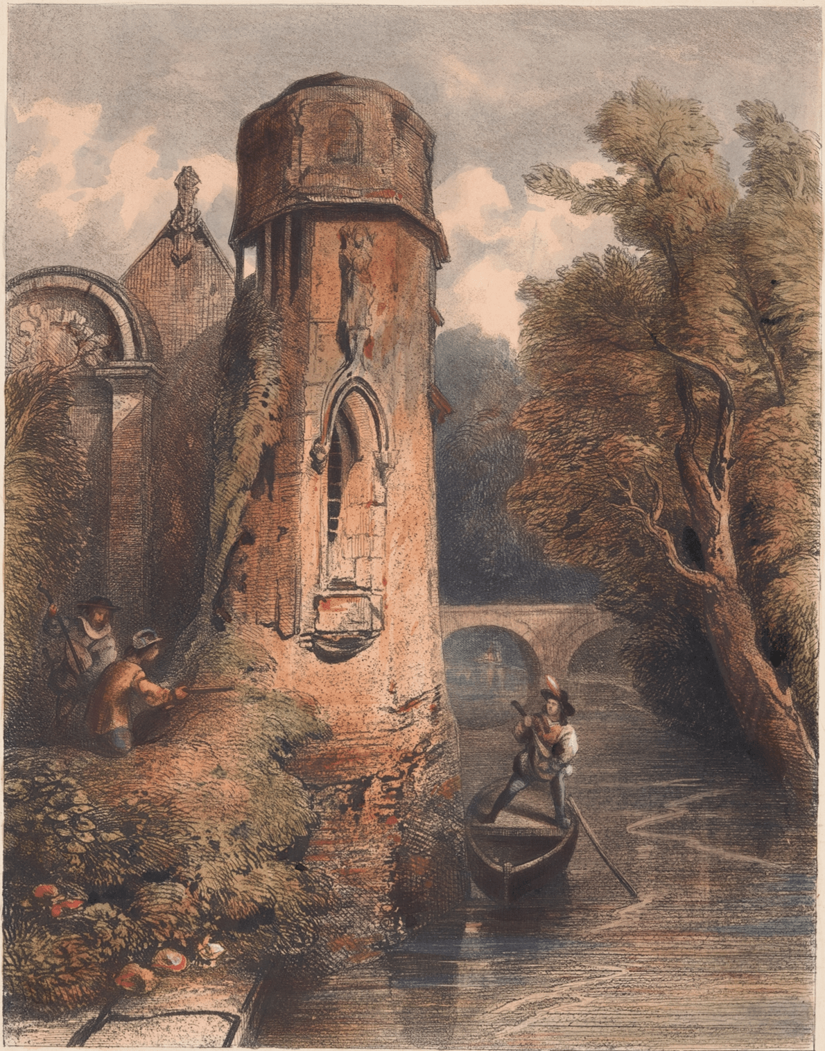 Hand-painted mossy tower and lute boat on canal landscape oil painting on canvas