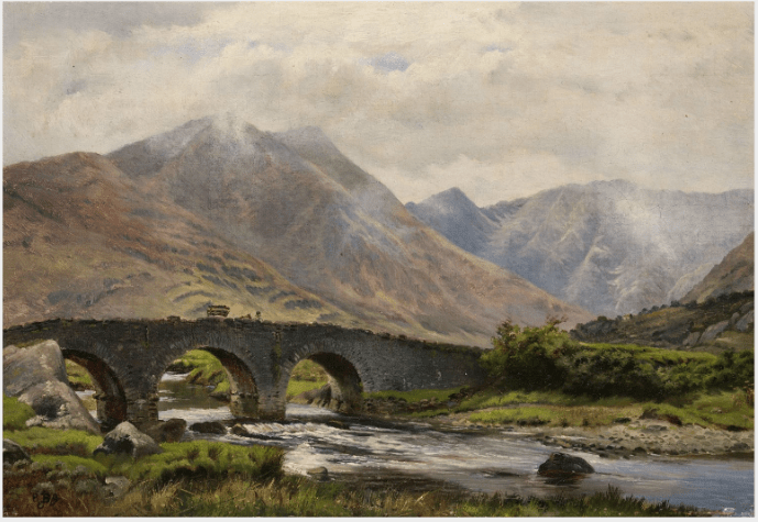 Hand-painted mountain bridge over highland river landscape oil painting on canvas