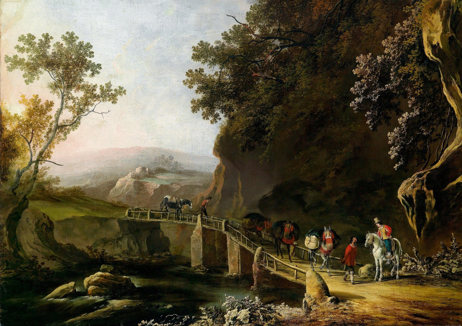 Hand-painted mountain bridge with travelers landscape oil painting on canvas