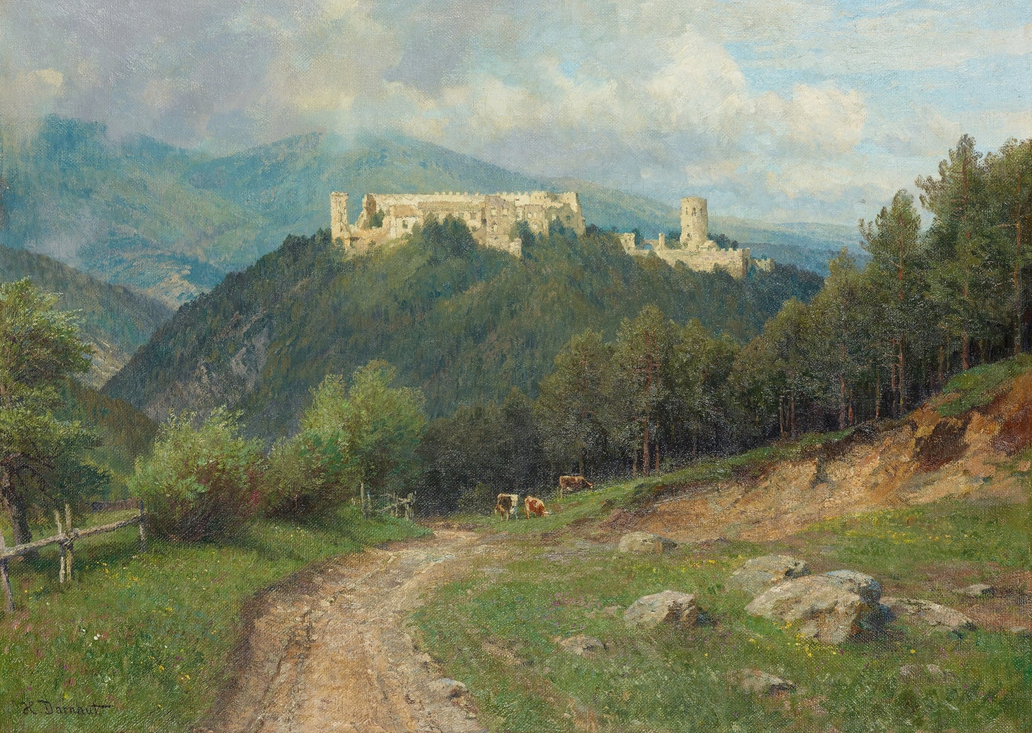 Hand-painted mountain castle and forest path view landscape oil painting on canvas