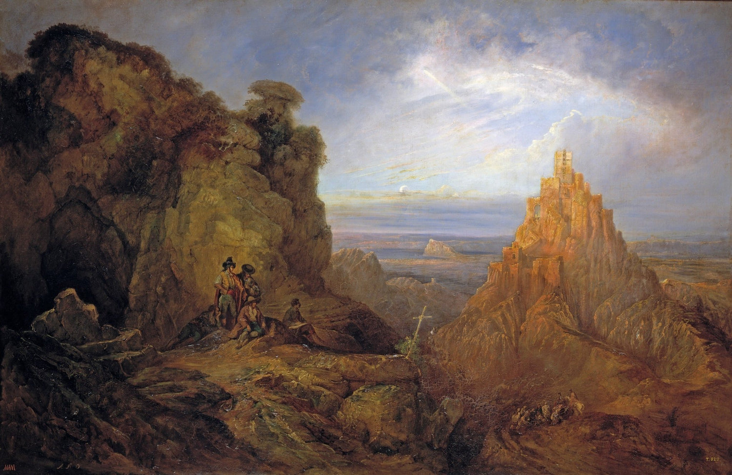 Hand painted landscape oil painting on canvas showing textured brushwork with a mountainous castle under a cloudy sky and. - Add Frame, Architecture, Canvas, Castle, Figure, Hand Painted, Landscape, Made To Order, Mountain, Oil Painting
