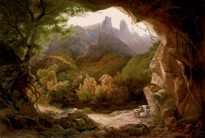Hand-painted mountain cave view with peaks landscape oil painting on canvas