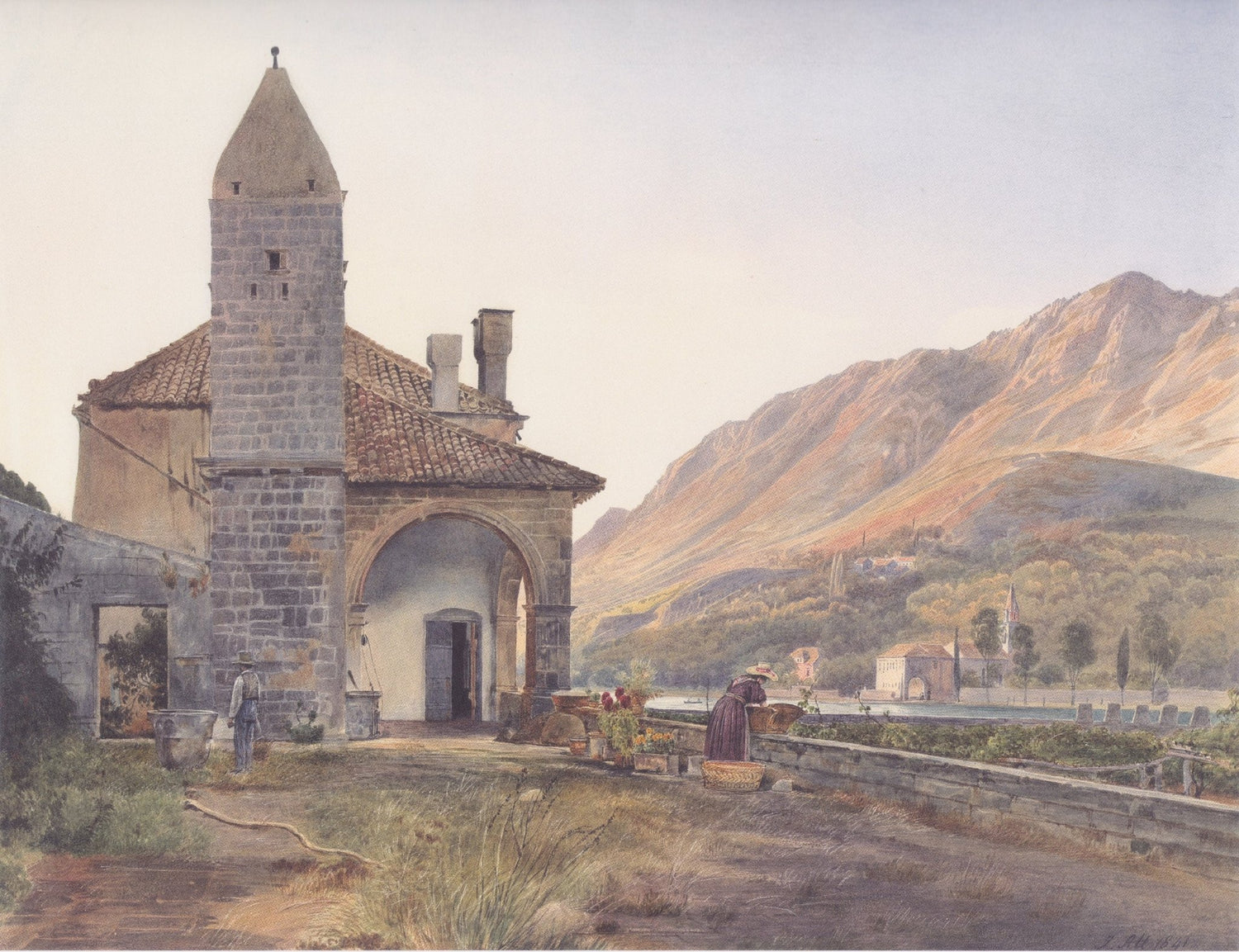 Hand-painted mountain chapel and valley view landscape oil painting on canvas