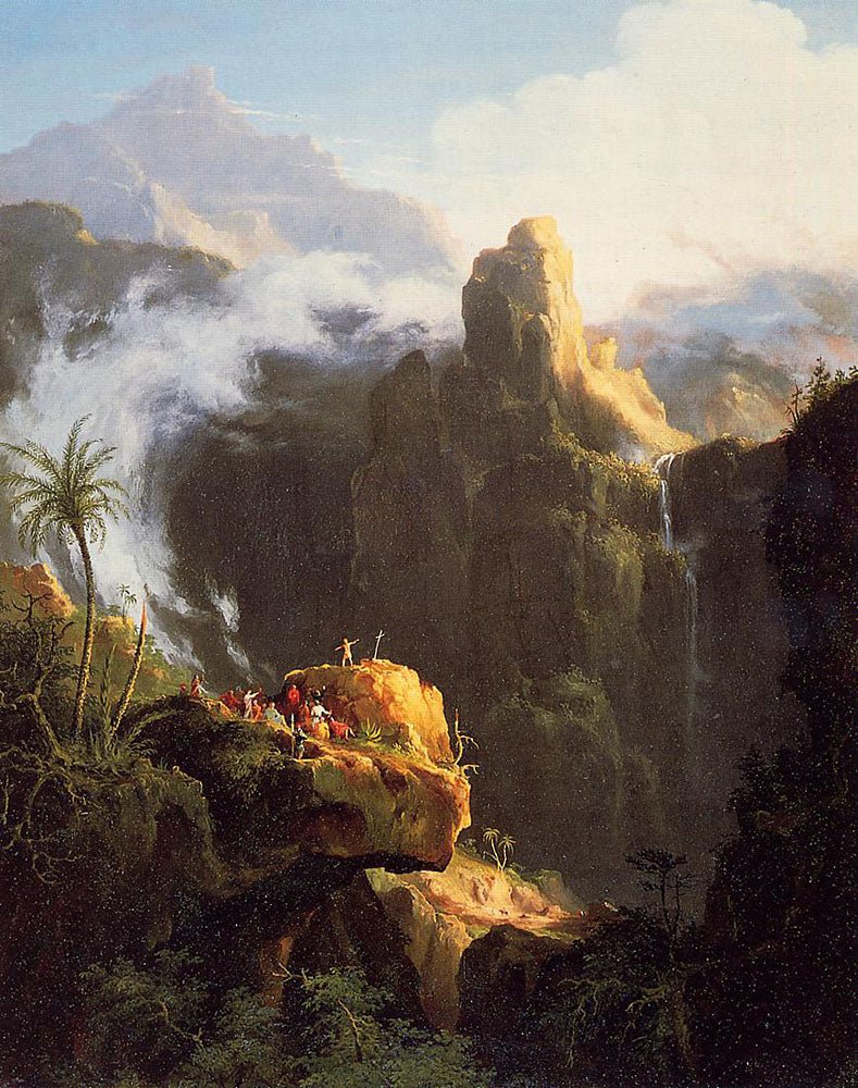 Hand-painted mountain cliffs with waterfall light landscape oil painting on canvas