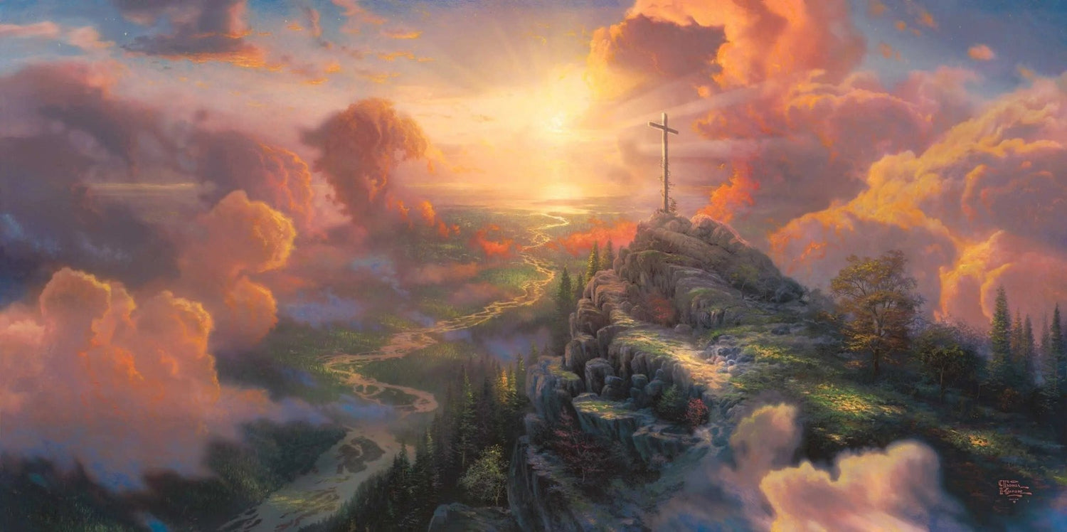 Hand painted landscape oil painting on canvas featuring a mountain cross at sunset with vibrant clouds and textured brushwork. - Add Frame, Canvas, Hand Painted, Landscape, Made To Order, Mountain, Oil Painting, River, Sunset
