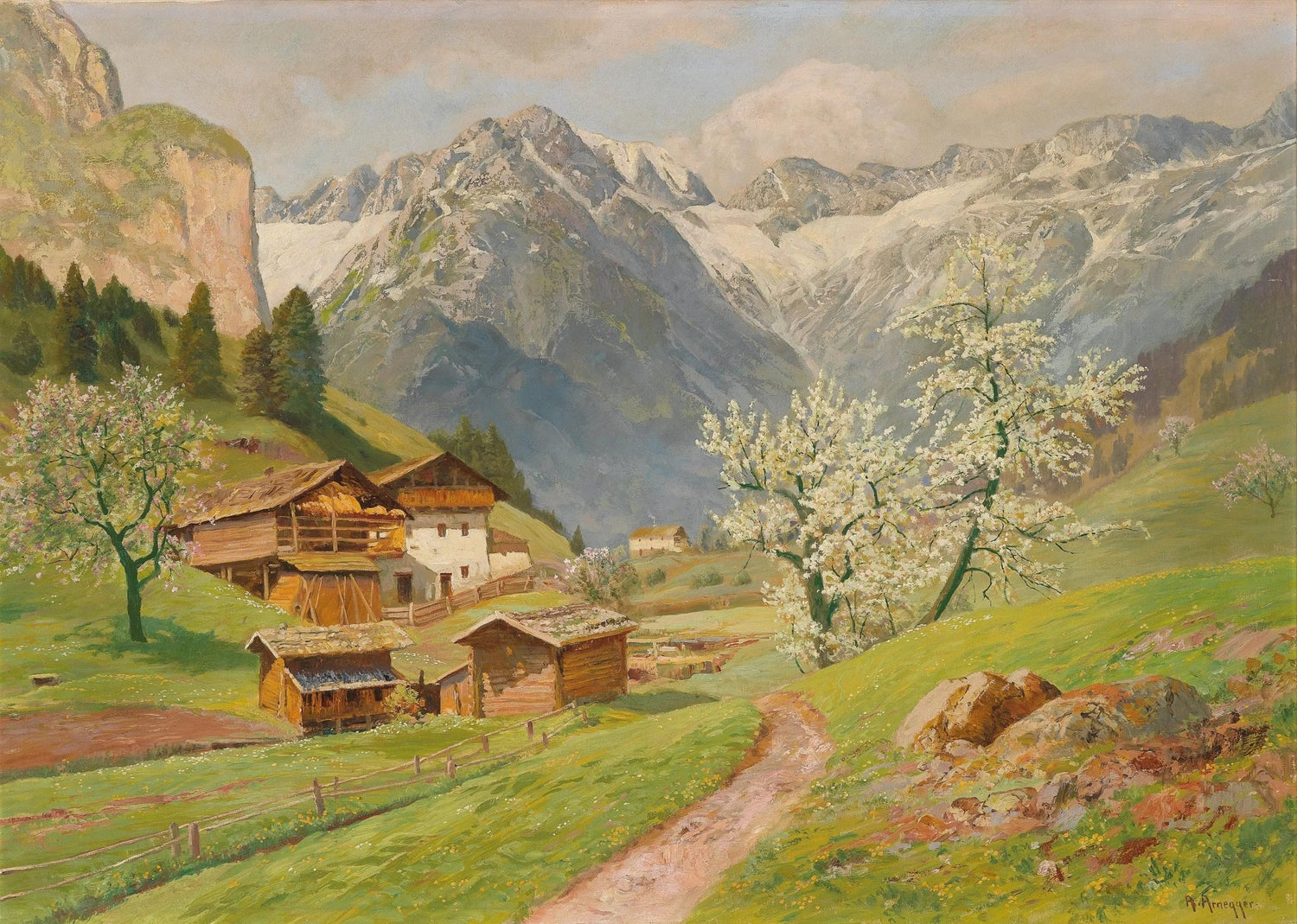 Hand painted oil on canvas landscape oil painting of mountain farm with blooming trees, winding dirt path, and textured. - Add Frame, Architecture, Canvas, Country, Farm, Floral, Forest, Hand Painted, Landscape, Made To Order, Mountain, Oil Painting, Road