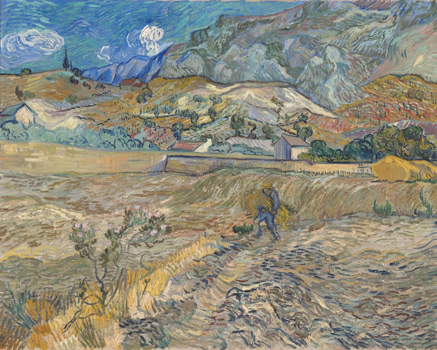 Hand-painted mountain fields with farmer at sunset landscape oil painting on canvas