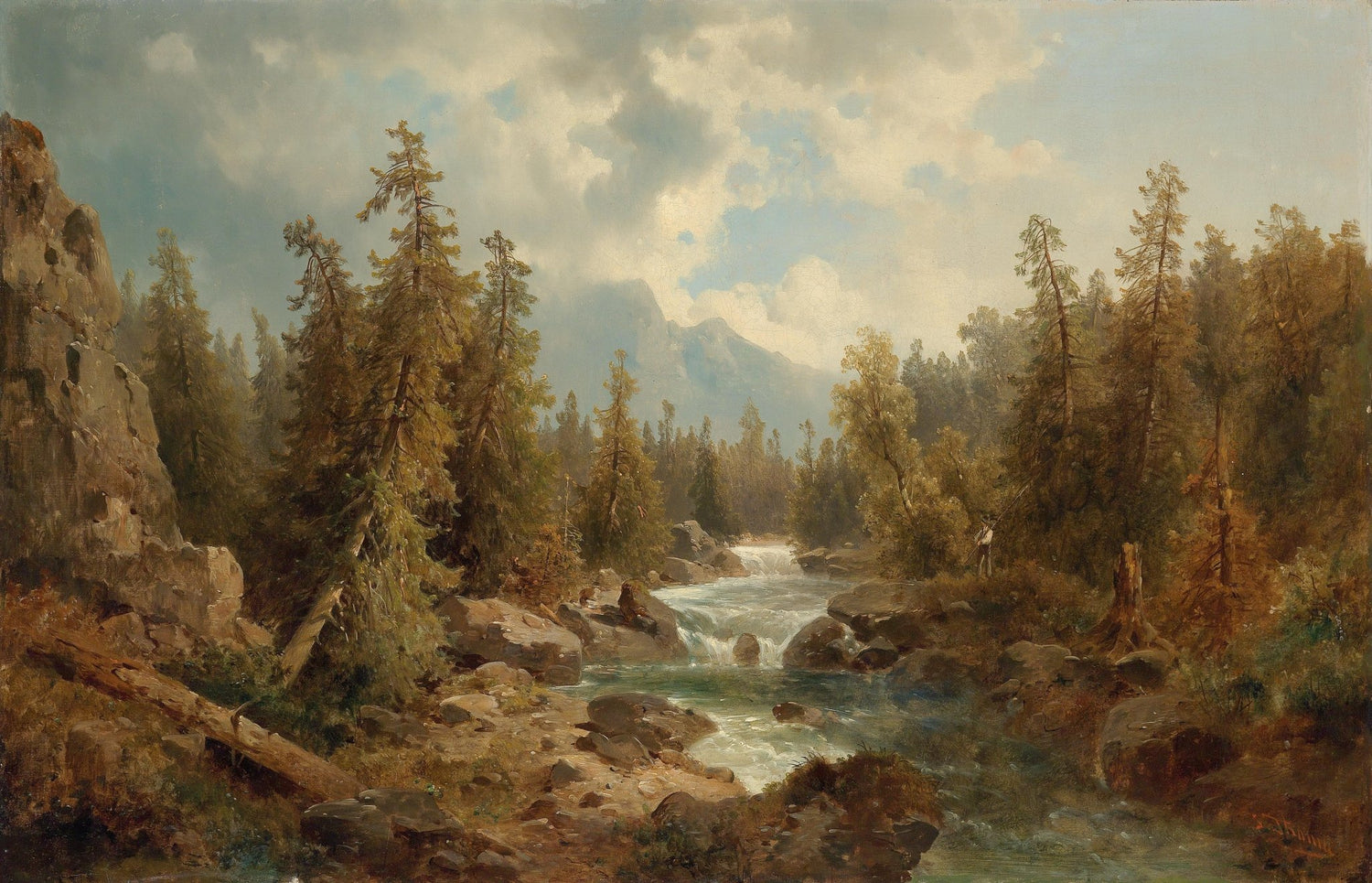Landscape Oil Painting - Mountain Forest Stream, Rocks, Fisher & Peaks - Oil Painting Haven