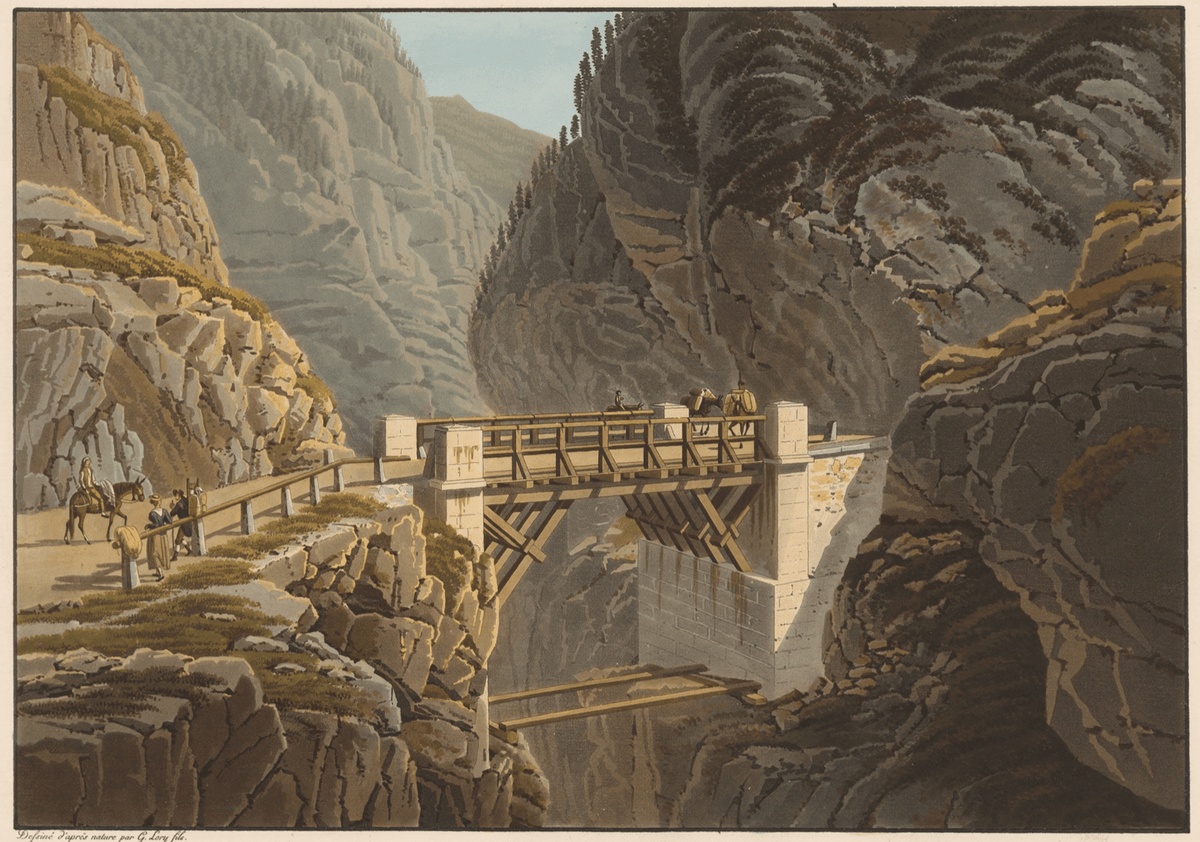 Hand-painted mountain gorge bridge with travelers landscape oil painting on canvas
