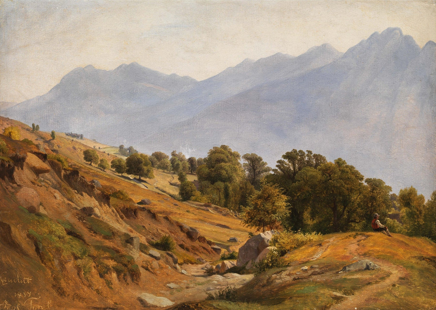 Hand-painted mountain hillside and distant lake landscape oil painting on canvas
