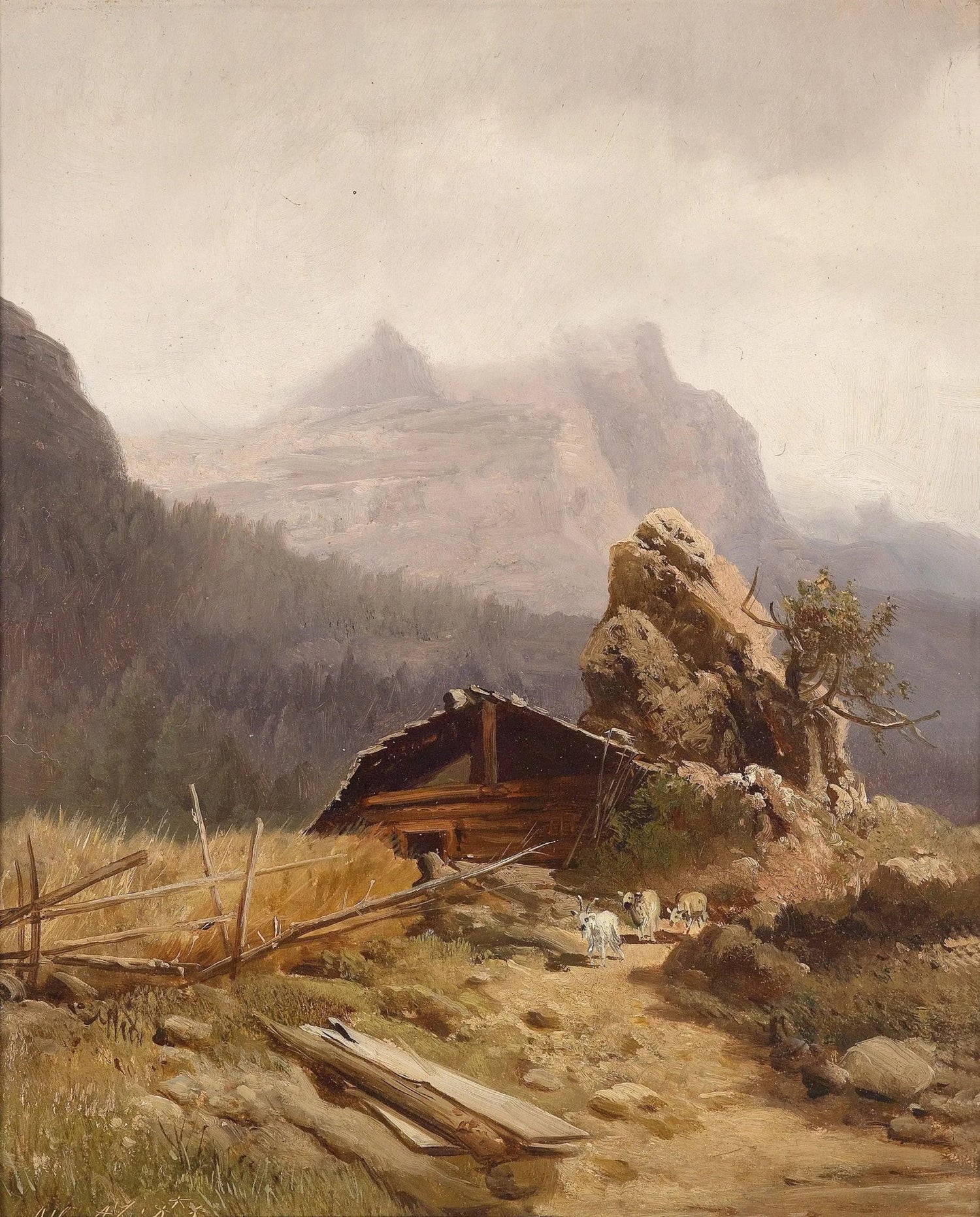 Landscape Oil Painting - Mountain Hut with Goats & Rocks - Oil Painting Haven