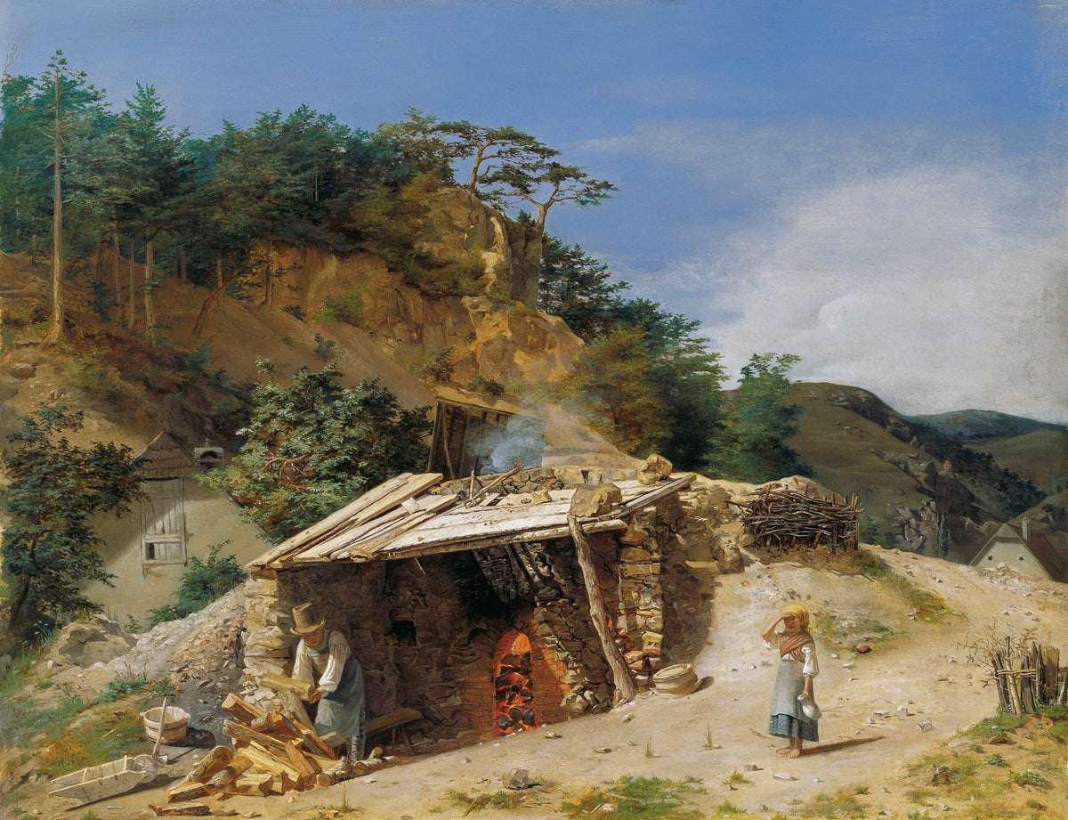 Hand painted oil on canvas landscape oil painting featuring a mountain kiln scene with figures, textured brushwork showing a . - Add Frame, Canvas, Cottage, Country, Figure, Hand Painted, Landscape, Made To Order, Mountain, Oil Painting