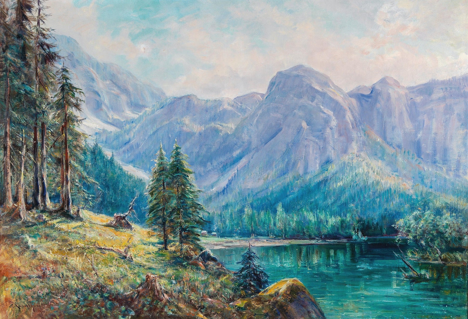 Hand-painted mountain lake and pine forest view landscape oil painting on canvas