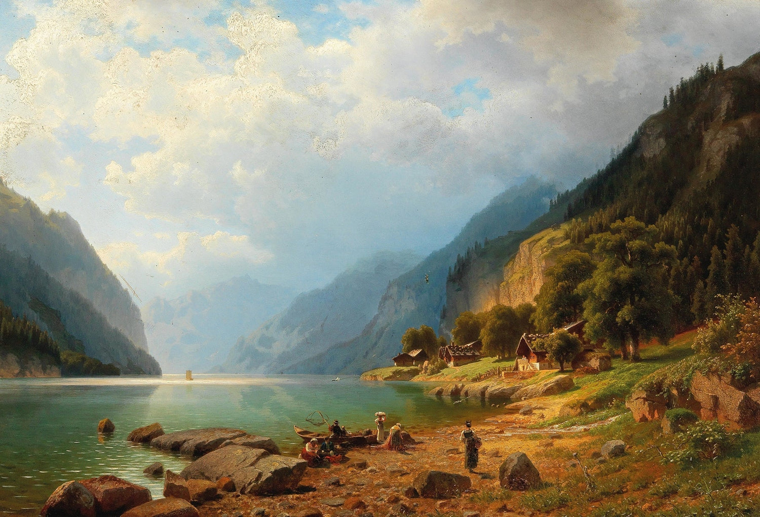 Hand-painted mountain lake and sunlit alpine village landscape oil painting on canvas