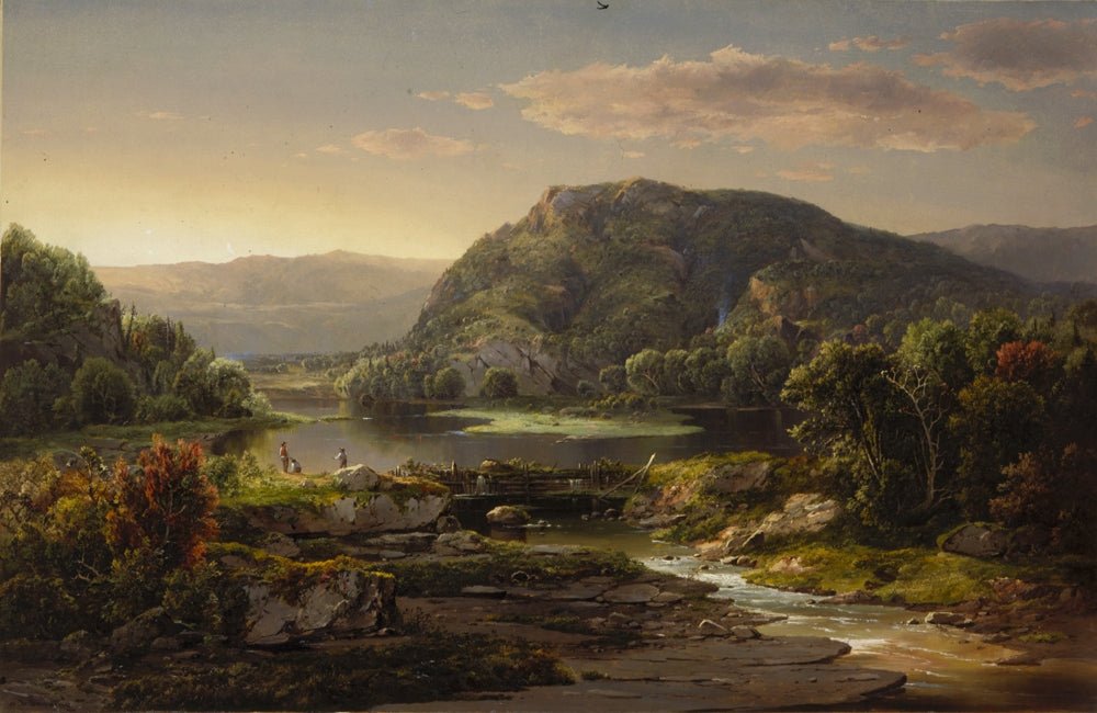 Hand-painted mountain lake at golden sunset landscape oil painting on canvas