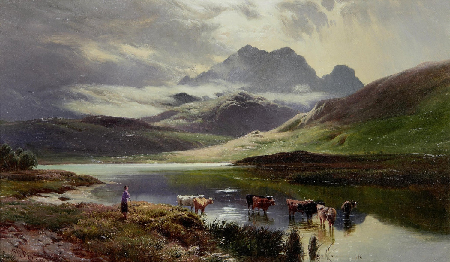 Landscape Oil Painting - Mountain lake pasture & herder, cattle - Oil Painting Haven