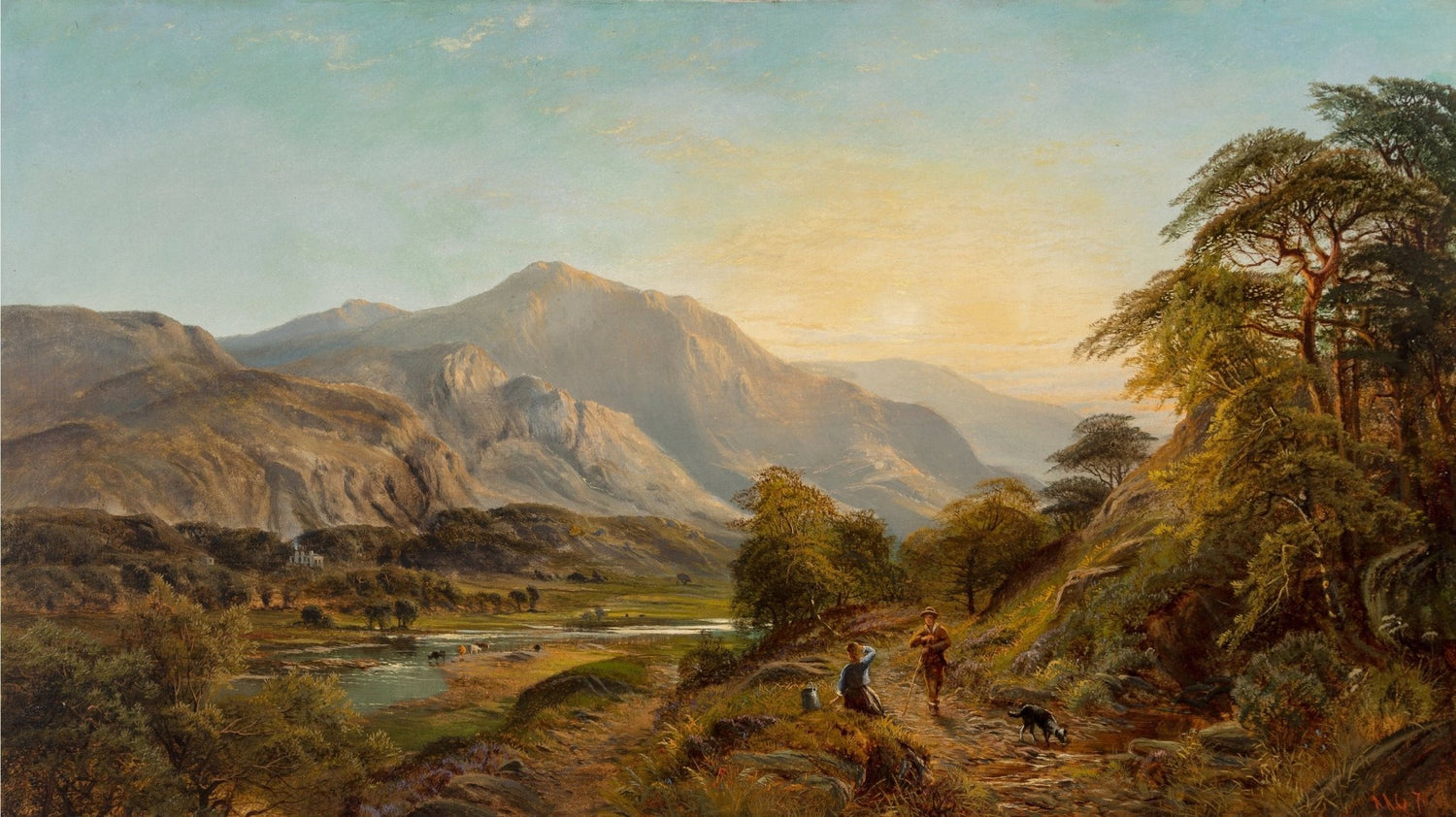 Hand-painted mountain lake path at sunset with figures landscape oil painting on canvas