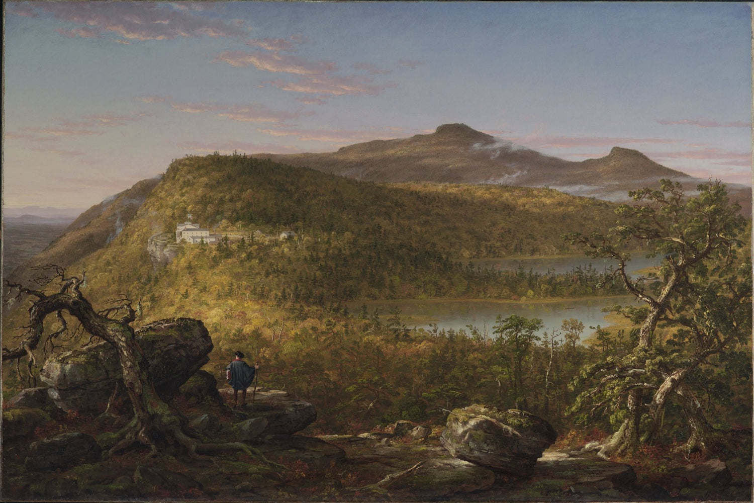 Landscape Oil Painting - Mountain Lake Scene with Building and Figure - Oil Painting Haven
