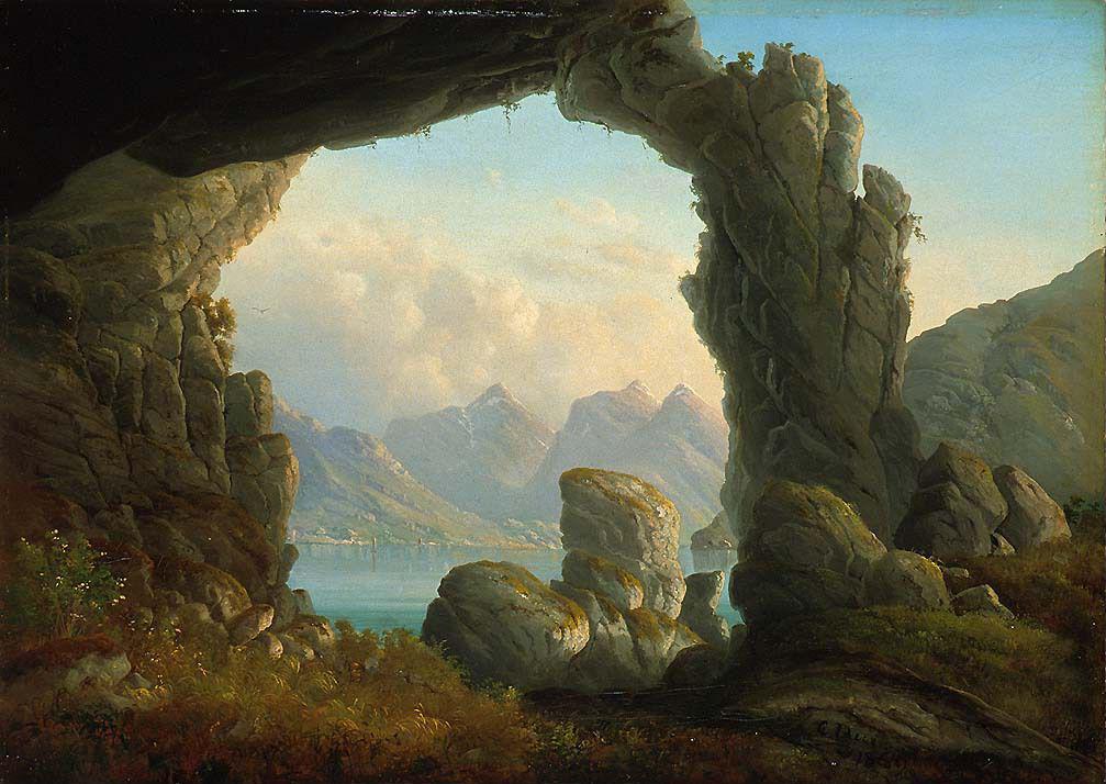 Hand-painted mountain lake view through rocky arch landscape oil painting on canvas