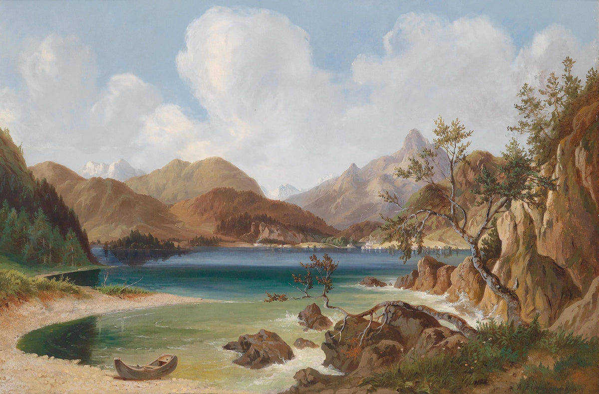 Landscape oil painting of a serene mountain lake with a small wooden boat near rocky shore, textured brushwork highlighting. - Add Frame, Boat, Canvas, Forest, Hand Painted, Lake, Landscape, Made To Order, Mountain, Oil Painting