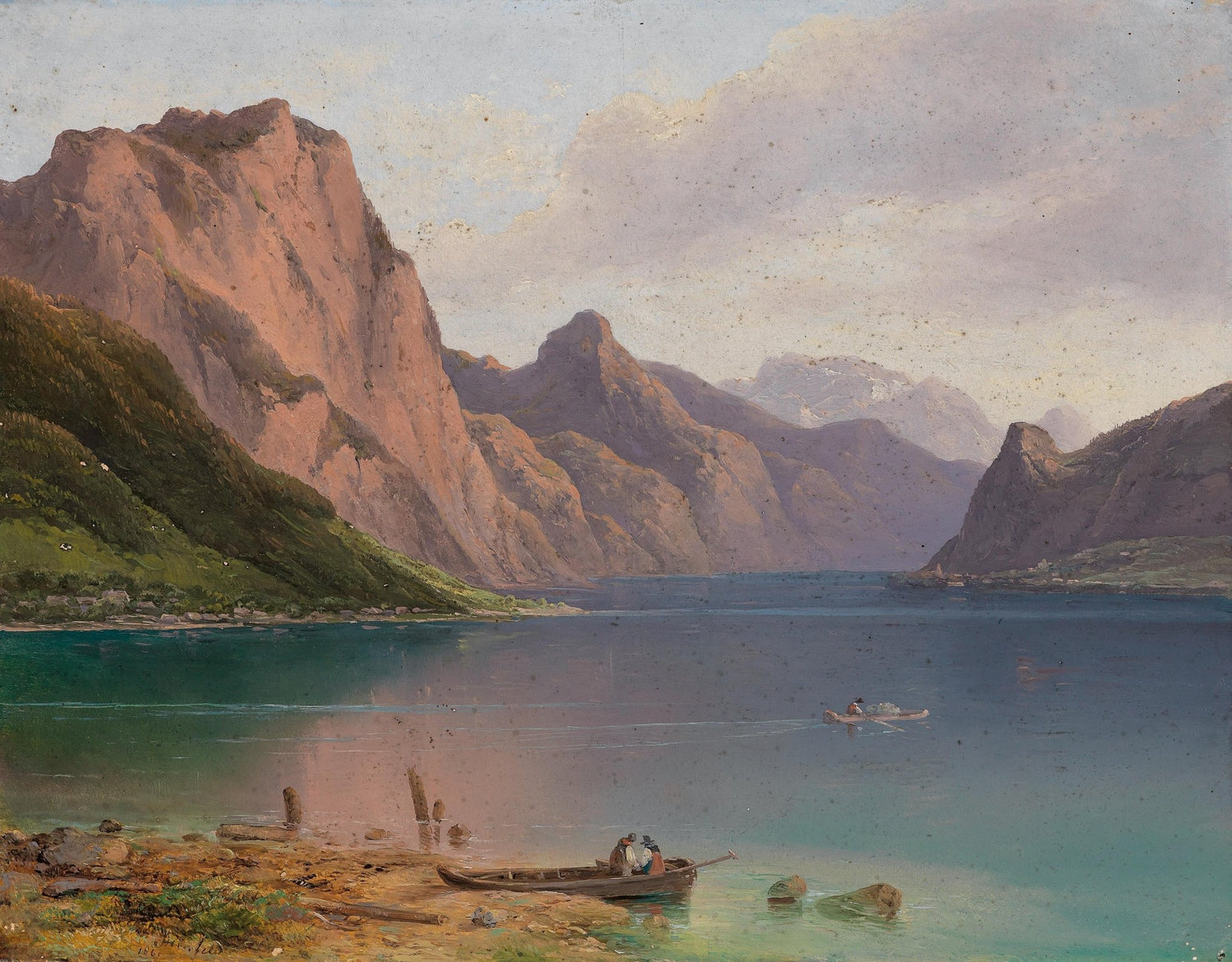 Hand-painted mountain lake with boats and cliffs landscape oil painting on canvas