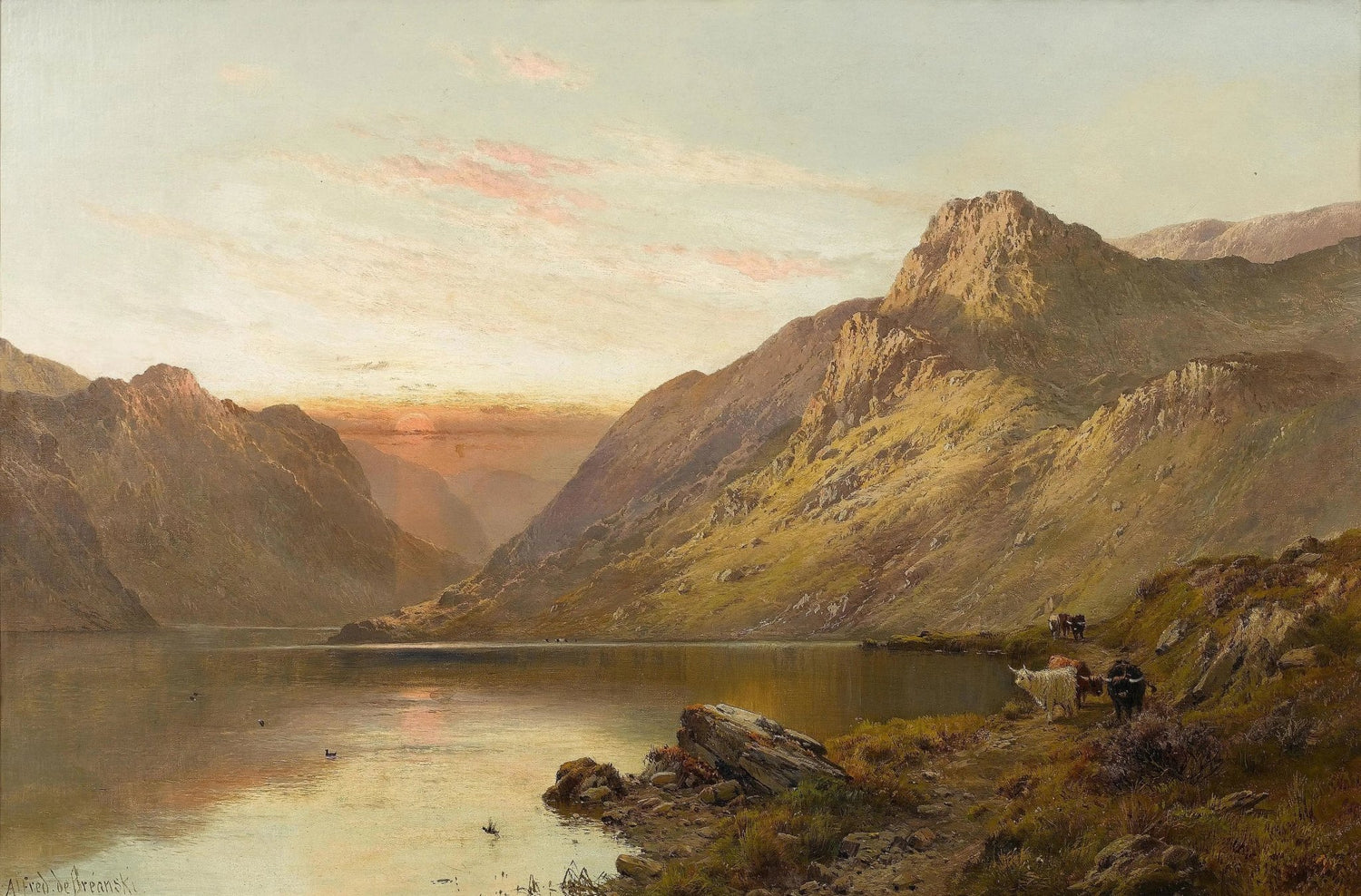 Landscape oil painting of a mountain lake at sunset with cattle by the shore, oil on canvas with textured brushwork and hand . - Add Frame, Animal, Canvas, Farm, Hand Painted, Lake, Landscape, Made To Order, Mountain, Oil Painting, Sunset
